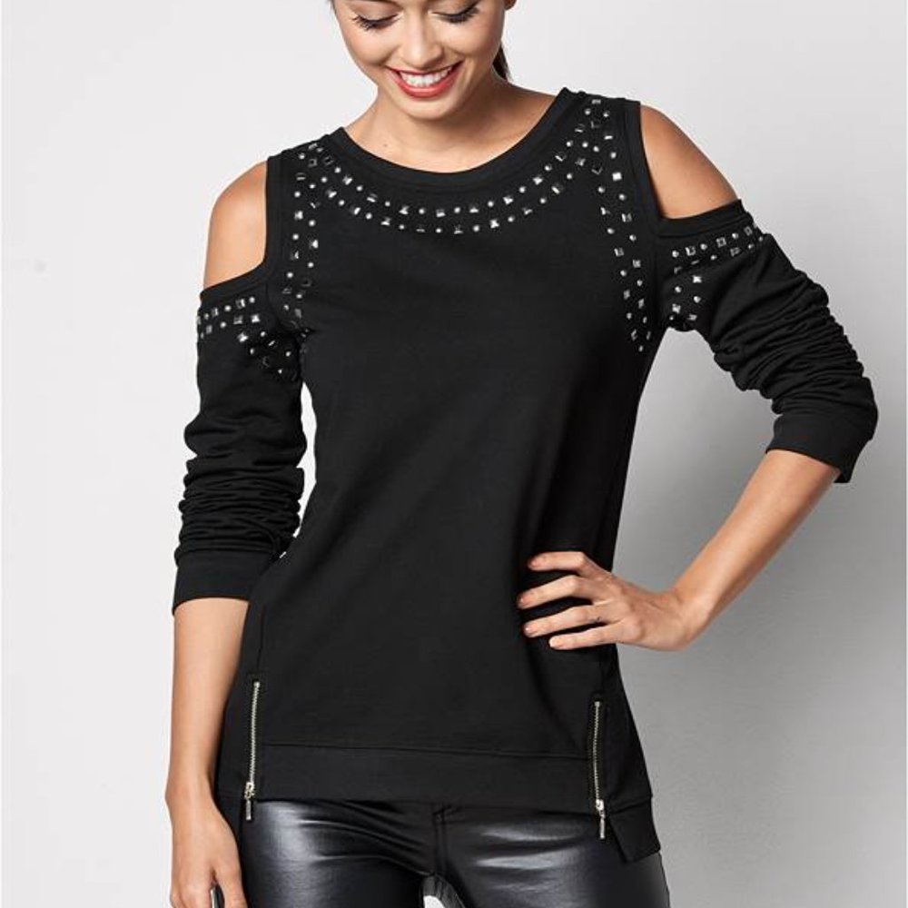 VENUS Cold Shoulder Studded Zipper Sweatshirt Size SMALL - Picture 7 of 9